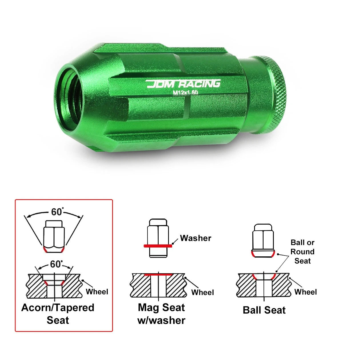 20Pc M12X1.5 Green JDM Open End Bulge Spline Wheel Lug Nuts + Lock Key