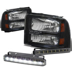 Black Amber Corner Head & Bumper Smoke LED Fog Light Kit for Ford SuperDuty (2005–2007)