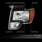 Left Side Headlight for Ford F150 (2010–2014) - Black Housing, Amber Corner