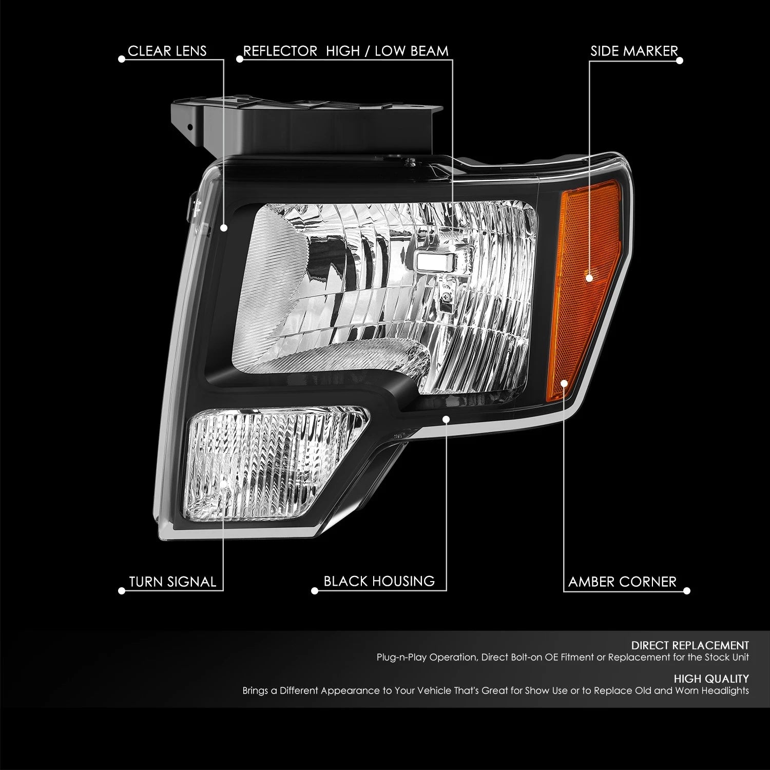 Left Side Headlight for Ford F150 (2010–2014) - Black Housing, Amber Corner