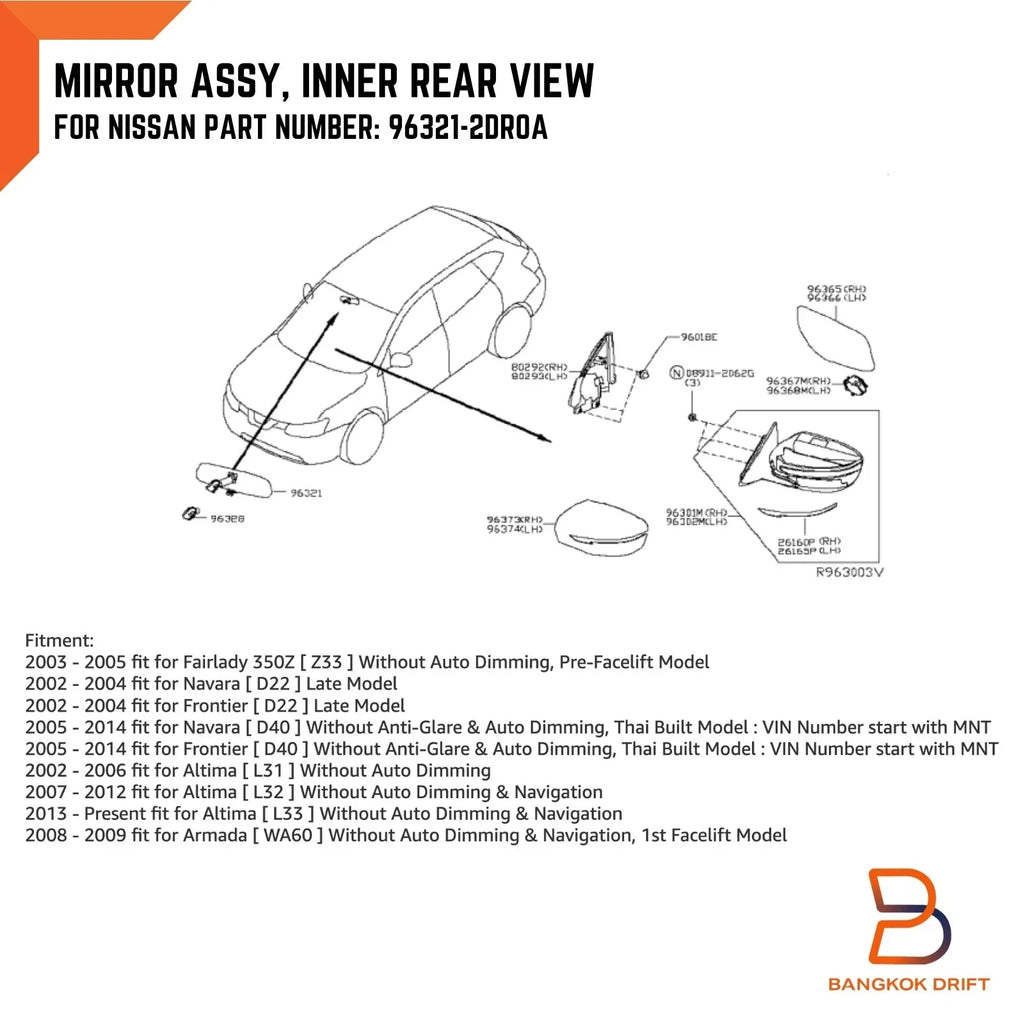 Black Interior Rear View Mirror for Nissan Navara D40 (2005-2015)