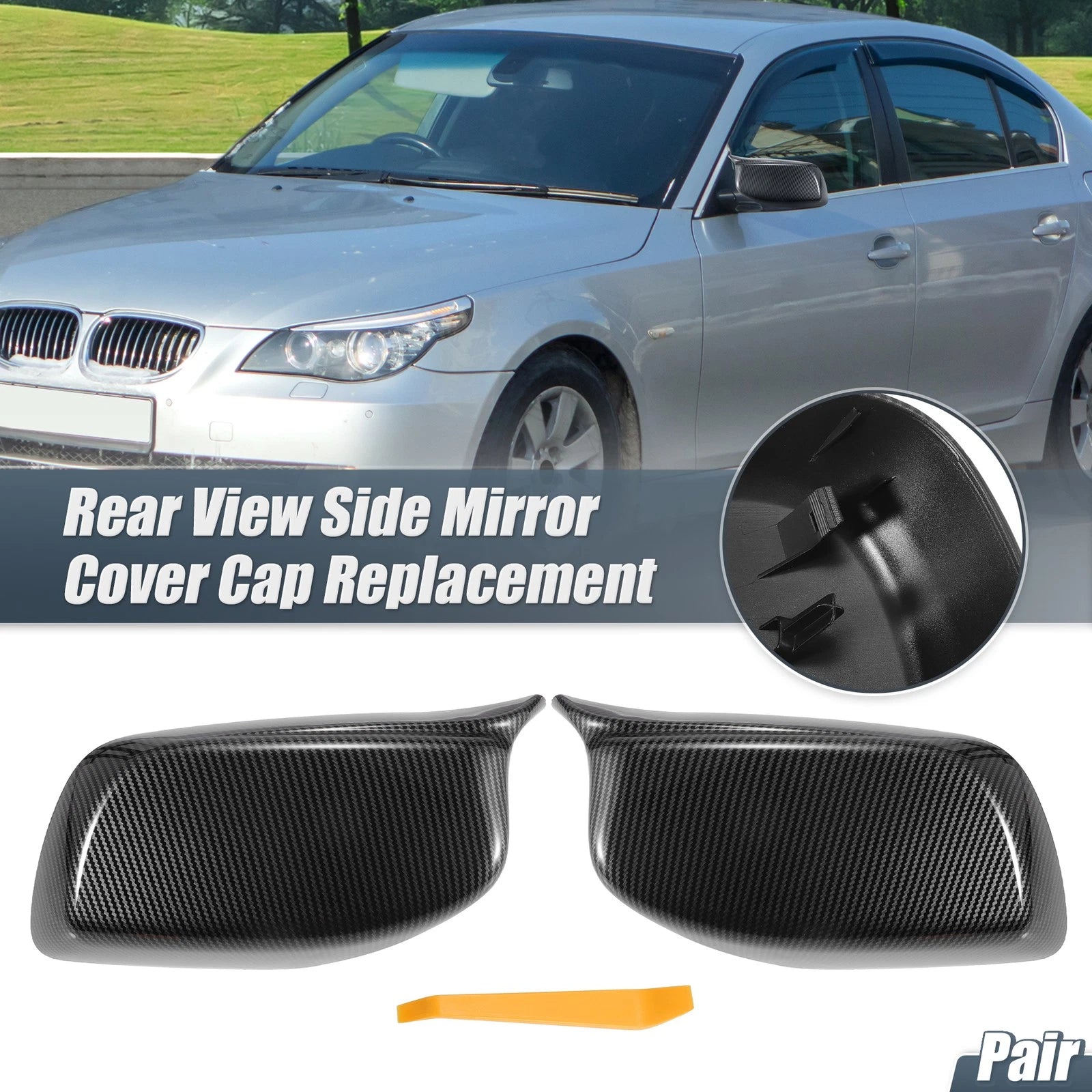 Pair Rearview Mirror Cover Cap Black Carbon Fiber for BMW 5 Series (2011–2017)
