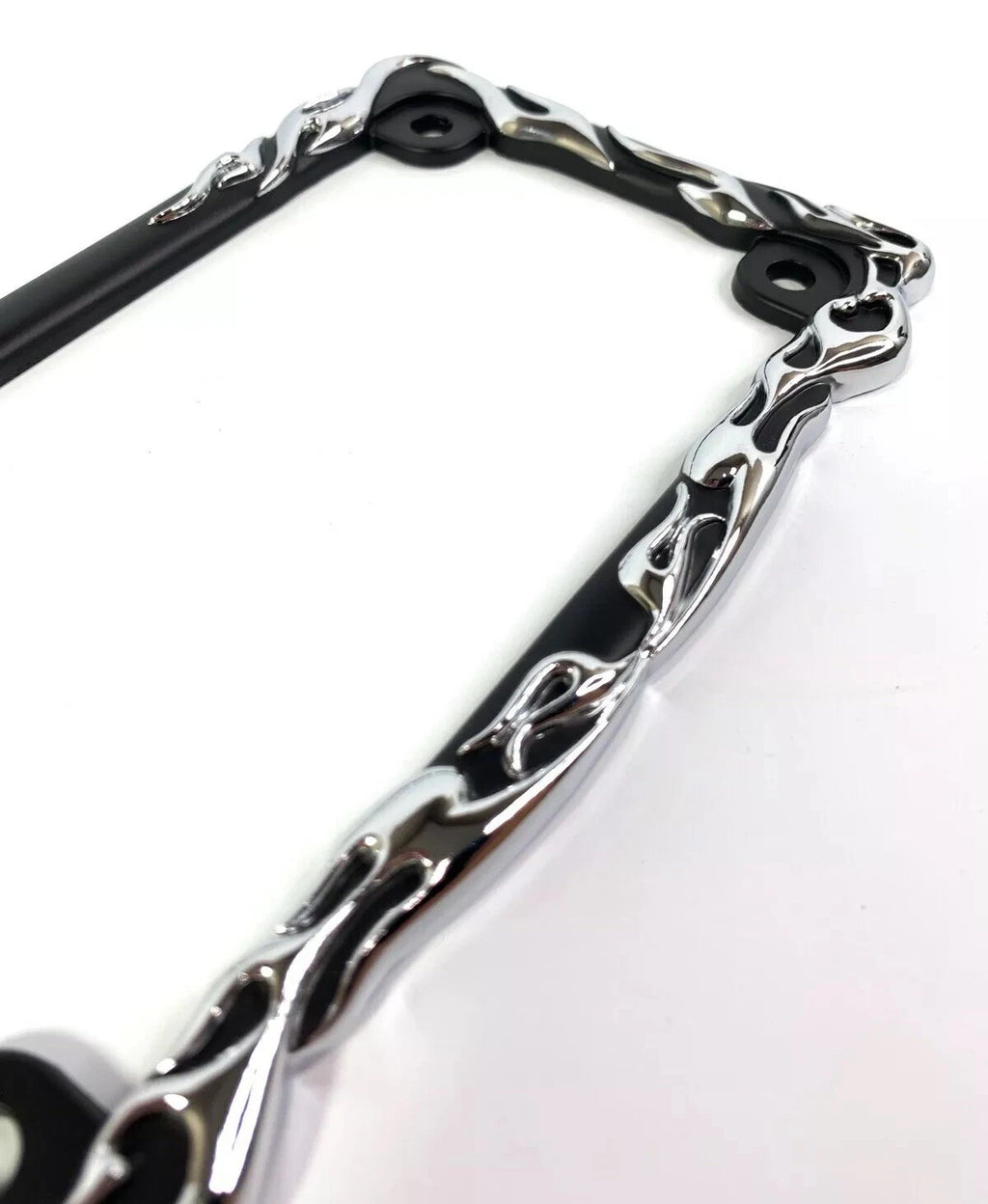 Metal Motorcycle License Plate Frame Black with Chrome Flames for Universal