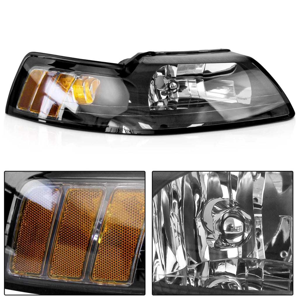 Set of 2 Black Headlights for Ford Mustang (1999-2004)