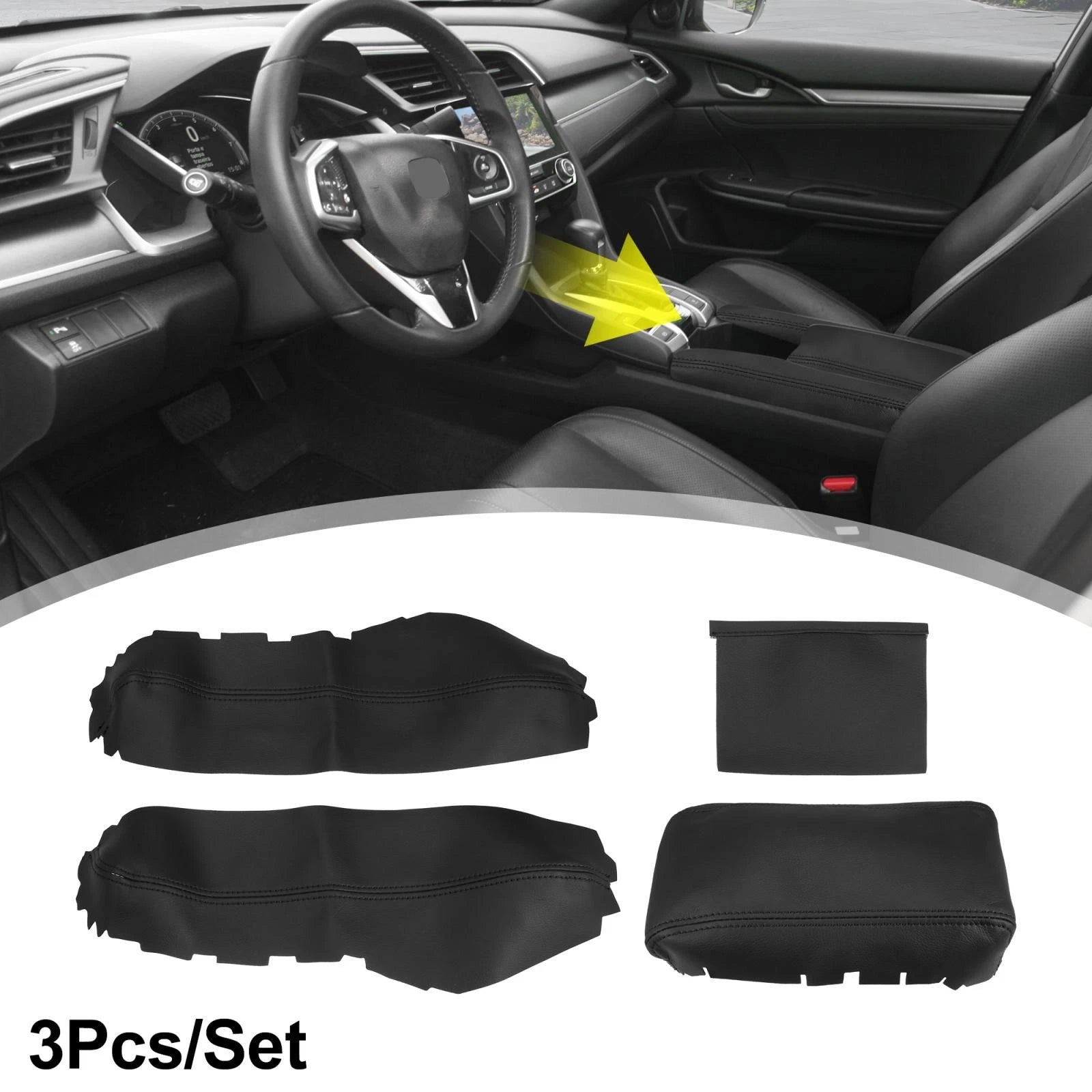 Set of 3 Armrest Covers for Honda Civic (2016–2020) Black with Black Line