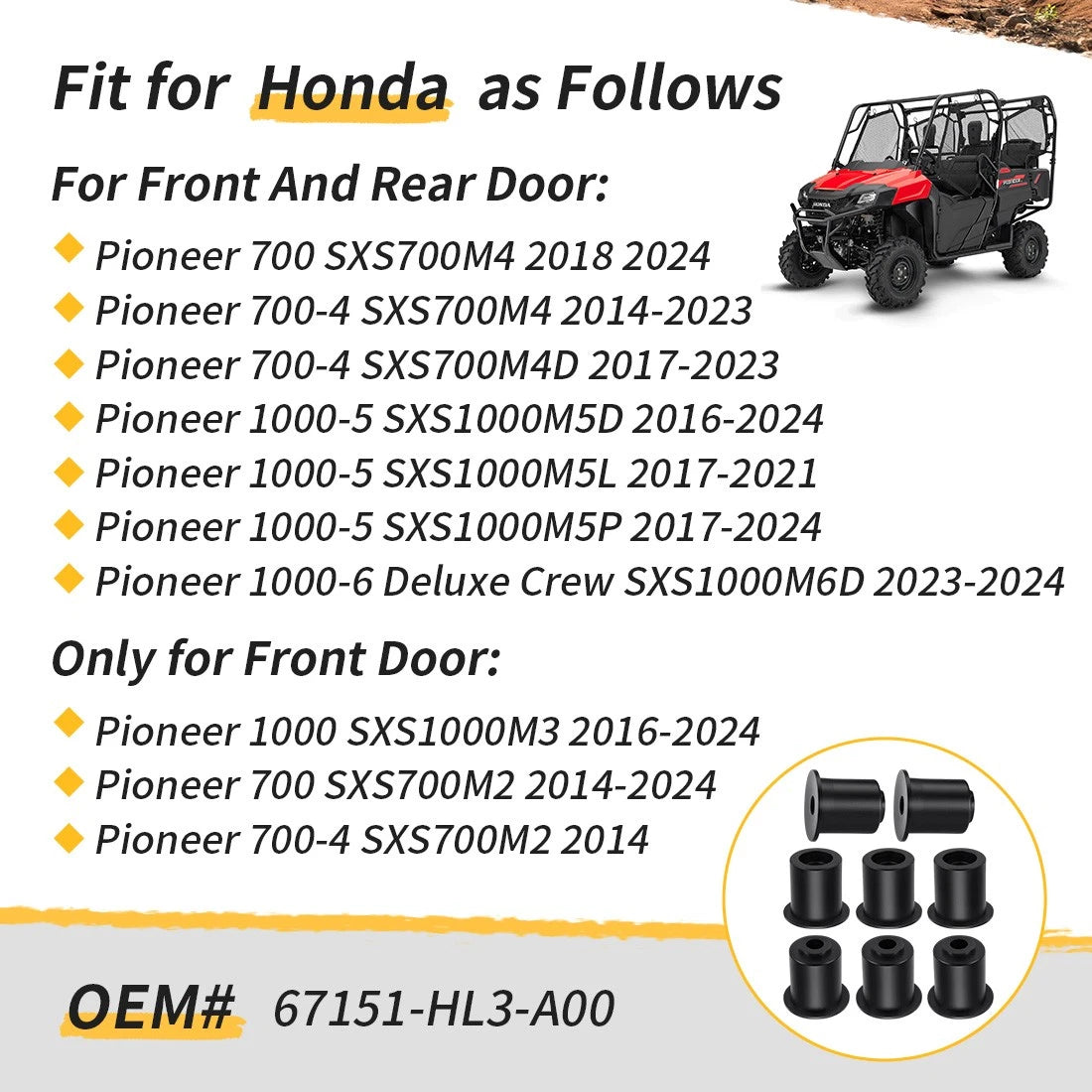 Door Bushings Fix Kit for Honda Pioneer 700 700-4 1000 (2014–2023) 67151-HL3-A00
