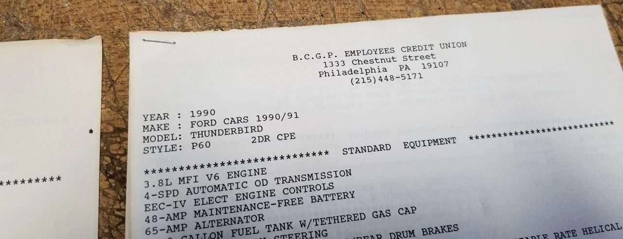 Factory Build Sheet for 1990 Thunderbird
