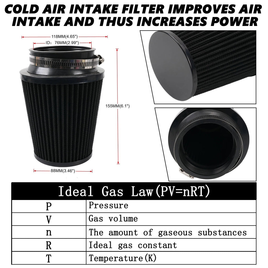 2X 3" 76mm High Flow Inlet Dry Air Filter for Cold Air Intake