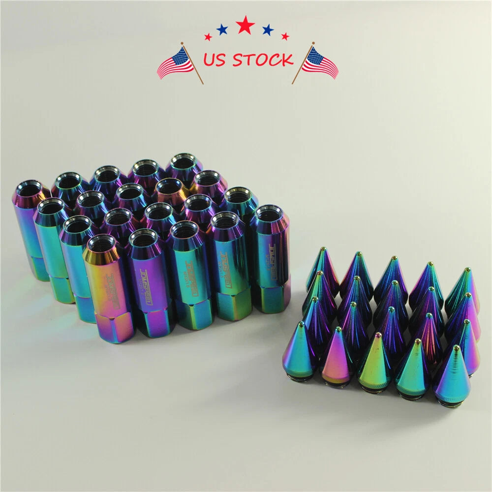 Set of 20 Neo Chrome Spiked Extended Tuner Lug Nuts for Wheels 60mm