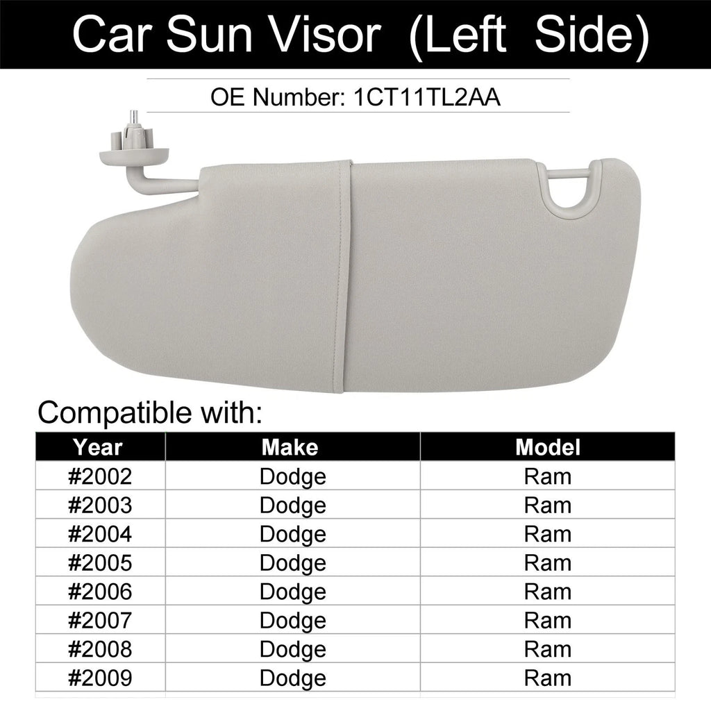 Left Driver Side Sun Visor for Dodge Ram 1500 2500 (2002–2009) 1CT11TL2AA Gray