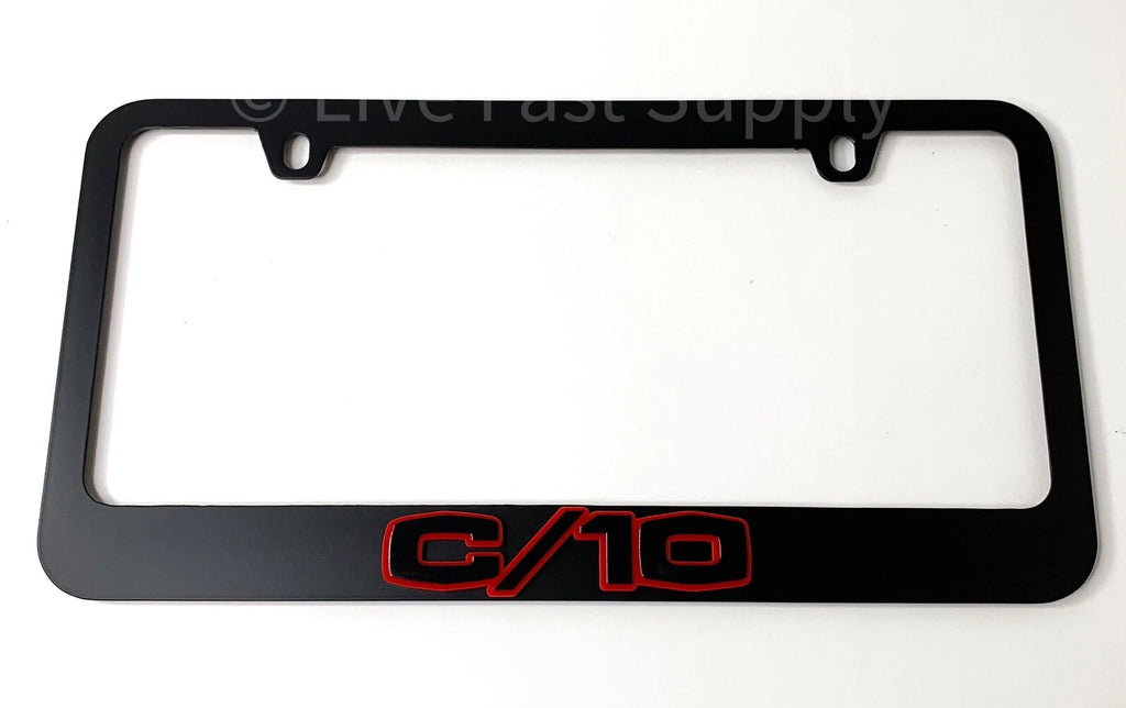 Matte Black Premium License Plate Frame w Red Outline Script for Chevy C10 (1960–1969)