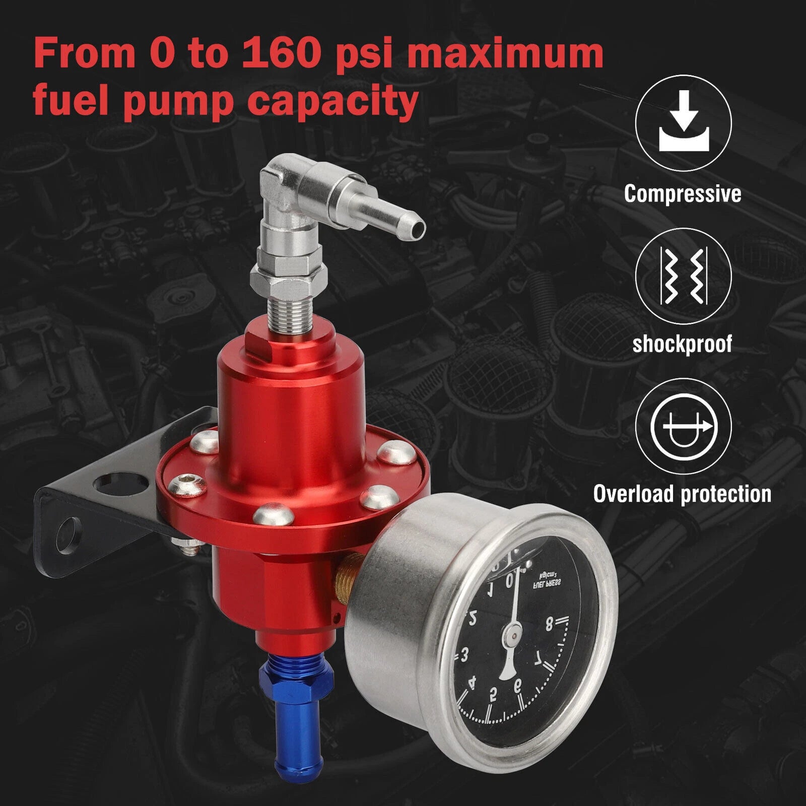 Adjustable Fuel Pressure Regulator Kit with Oil Gauge for Universal Fit (0-160 PSI)