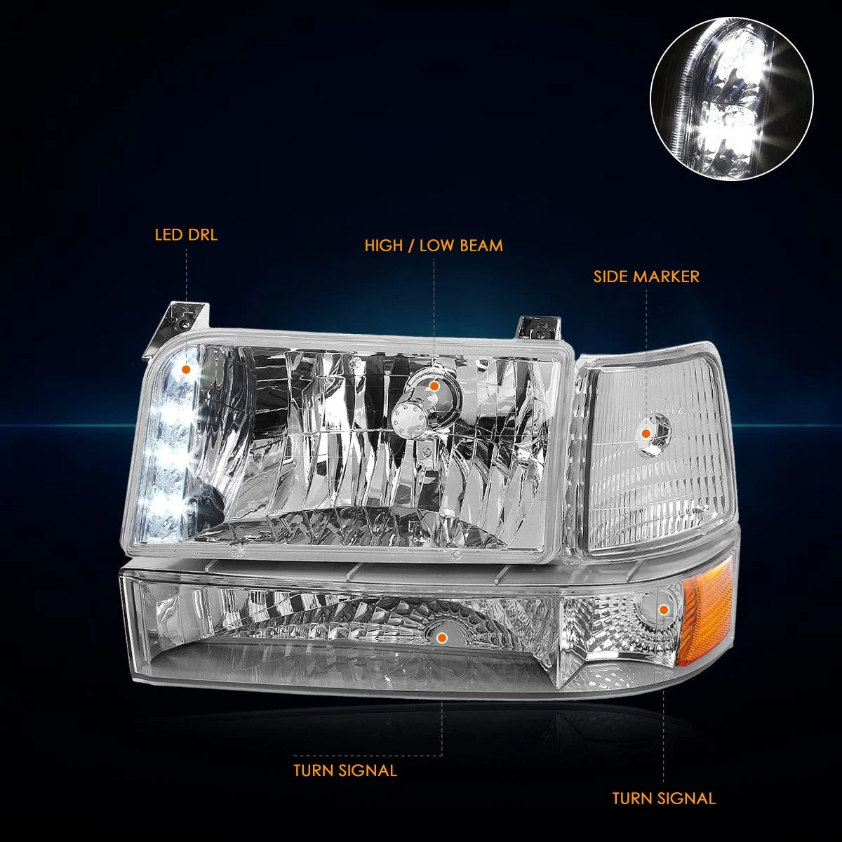LED DRL Headlight for Ford F150/F250/F350 (1992–1996) Chrome Housing Amber Corner