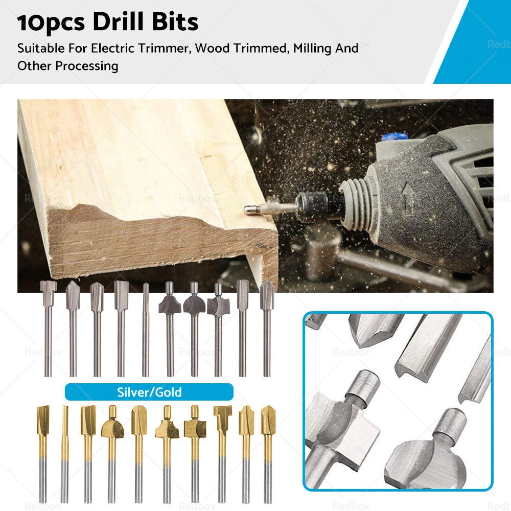 Set of 10 3mm Titanium Mini HSS Router Bits for Electric Tools