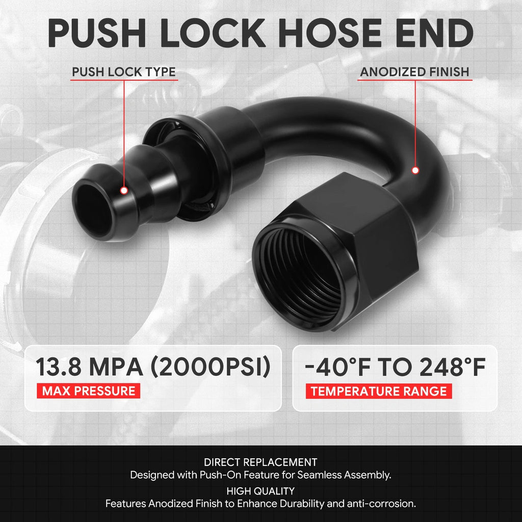 8AN to 1/2" Barb T6061 180° Push Lock Hose End Fittings (Universal)