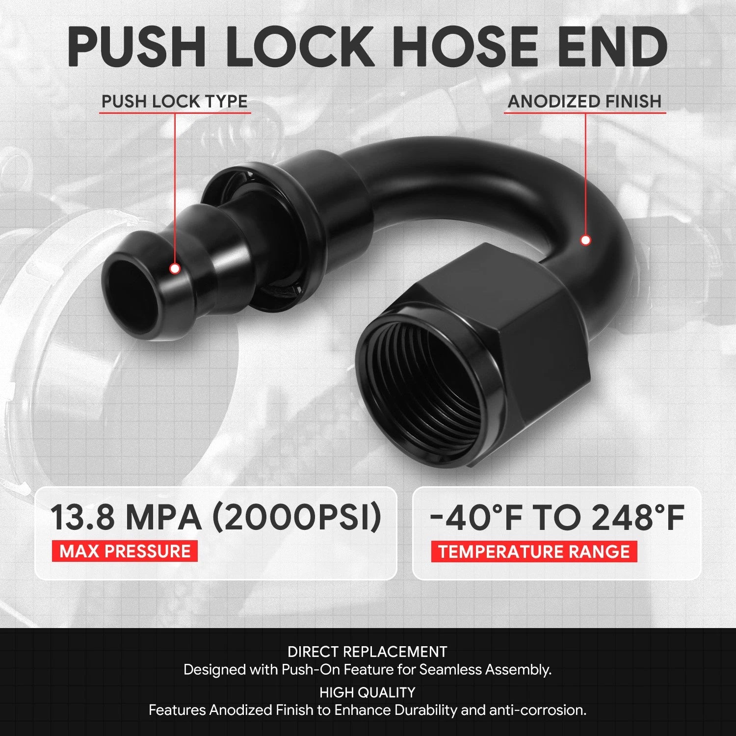 8AN to 1/2" Barb T6061 180° Push Lock Hose End Fittings (Universal)