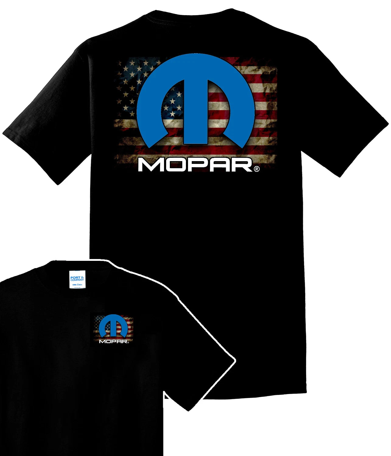 Mopar M Emblem American Flag Licensed Black T-Shirt for Chrysler Owners