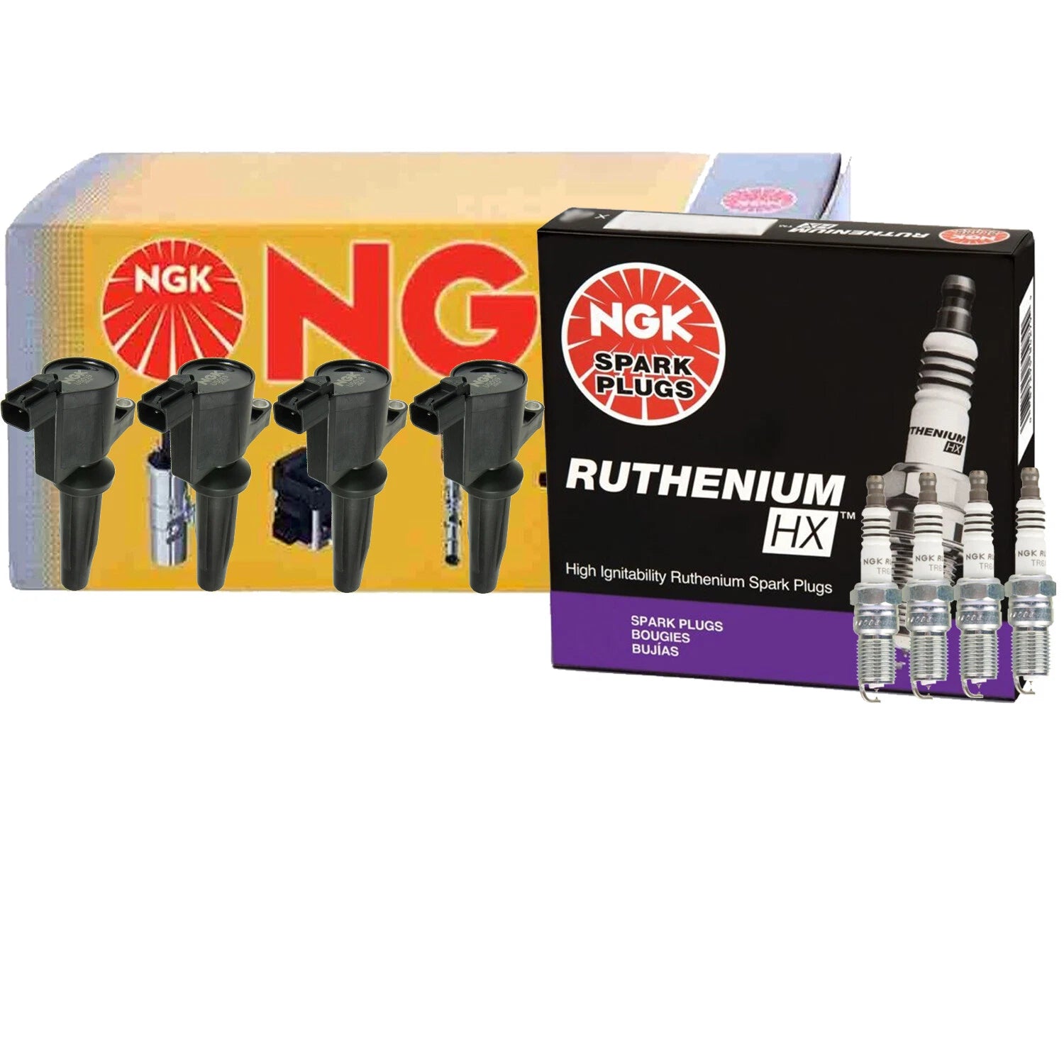 Set of 4 NGK COP Ignition Coils & Ruthenium HX Spark Plugs for Ford Mazda (2000–2023)
