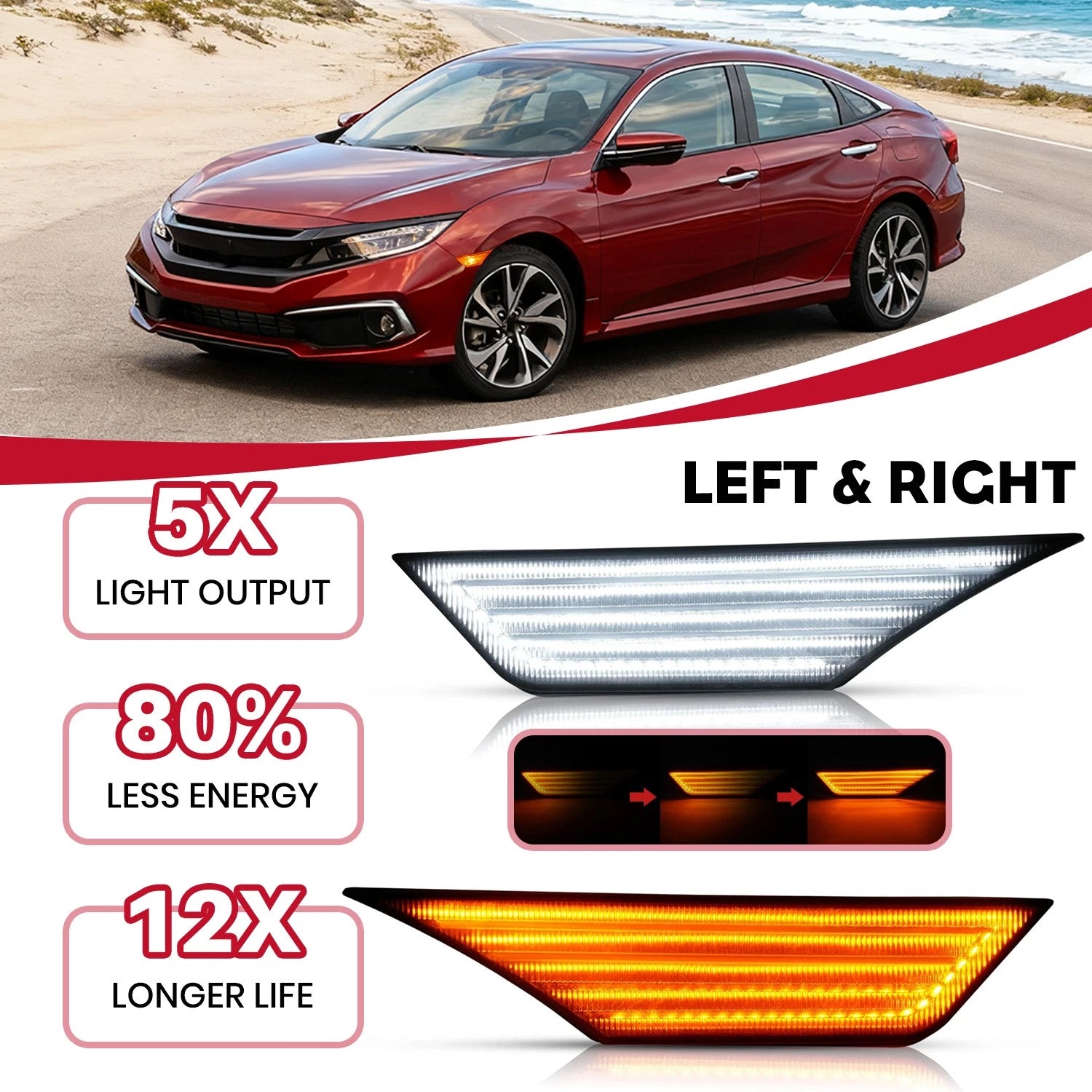 2X Smoke Switchback Sequential LED Side Marker Lights for Honda Civic (2016-2021)