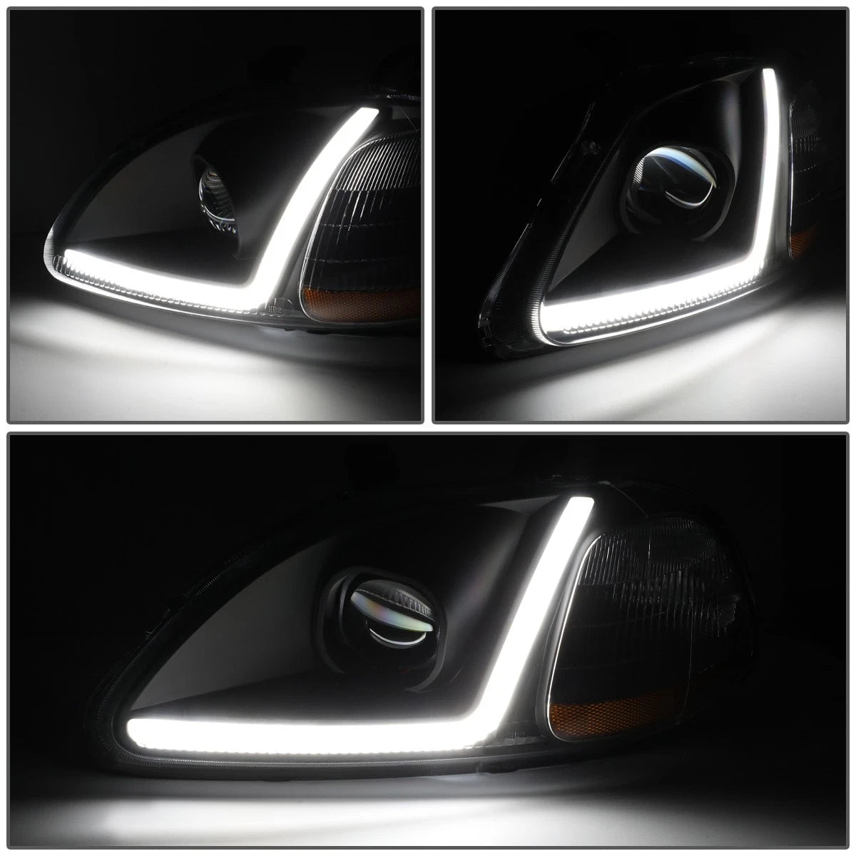 LED DRL Black/Amber Corner Projector Headlight Lamps for Honda Civic (1996–1998)