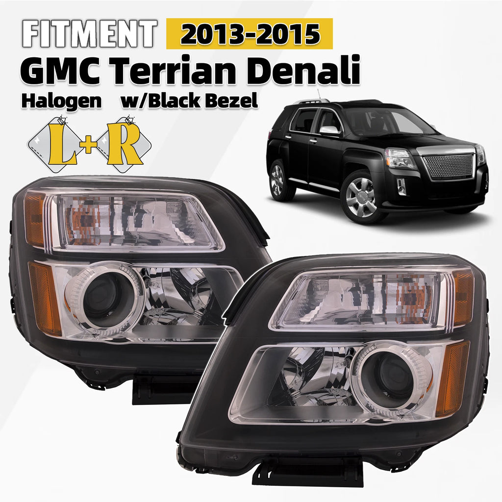 Set of 2 Halogen Headlights for GMC Terrain Denali (2013–2015) Black Bezel