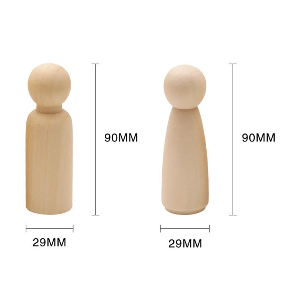 Set of 2 Wooden Peg Doll Figures for Kids DIY Painting 90mm