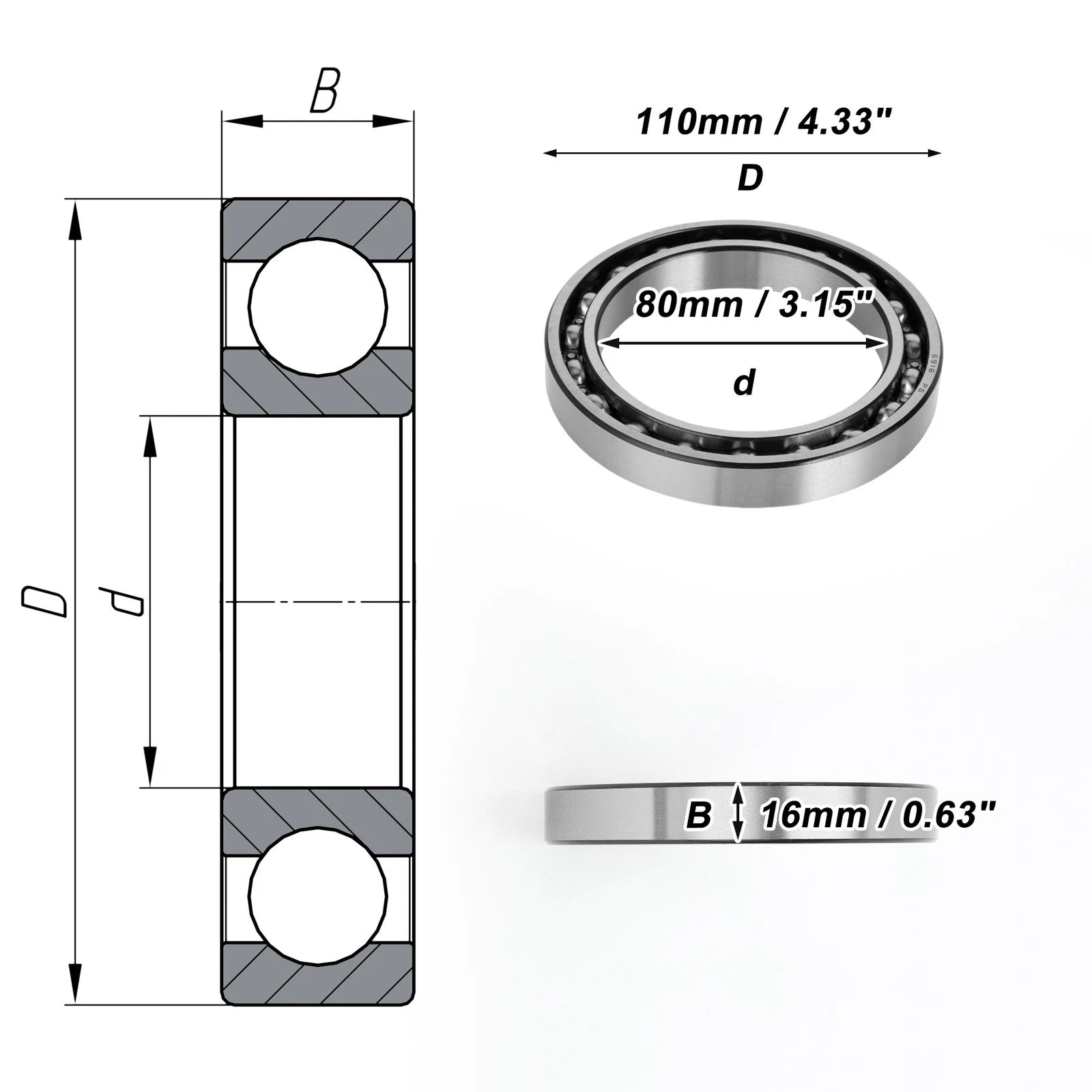 Deep Groove Ball Bearing 80x110x16mm for Scooter Skateboard (N/A)