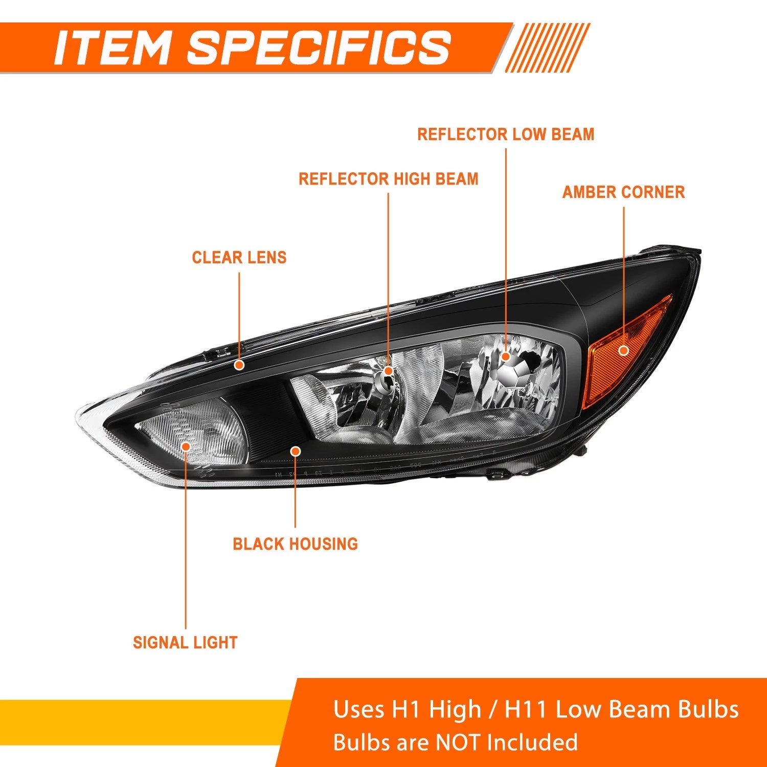 Direct Bolt-On Headlight for Ford Focus (2015–2018) - Black Housing, Amber Side