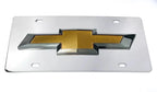 Chrome Chevy Bowtie Emblem License Plate with 3D Gold Gloss Logo for Chevrolet