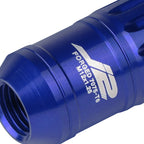 Set of 16 J2 7075 Forged Aluminum M12x1.25 Spiky Cap Lug Nuts with Lock & Key Blue