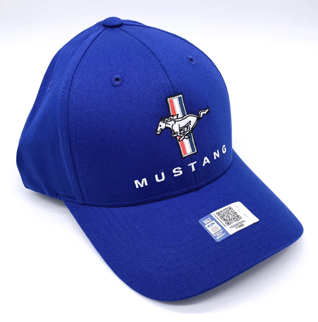 Hat Cap Front for Ford Mustang Pony Grille Emblem Blue with White Stitching (2020–2024)