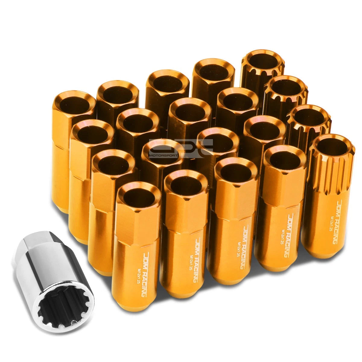 Set of 4 Open-End Aluminum Orange Lug Nuts + Adapter M12x1.25 (20mm OD)