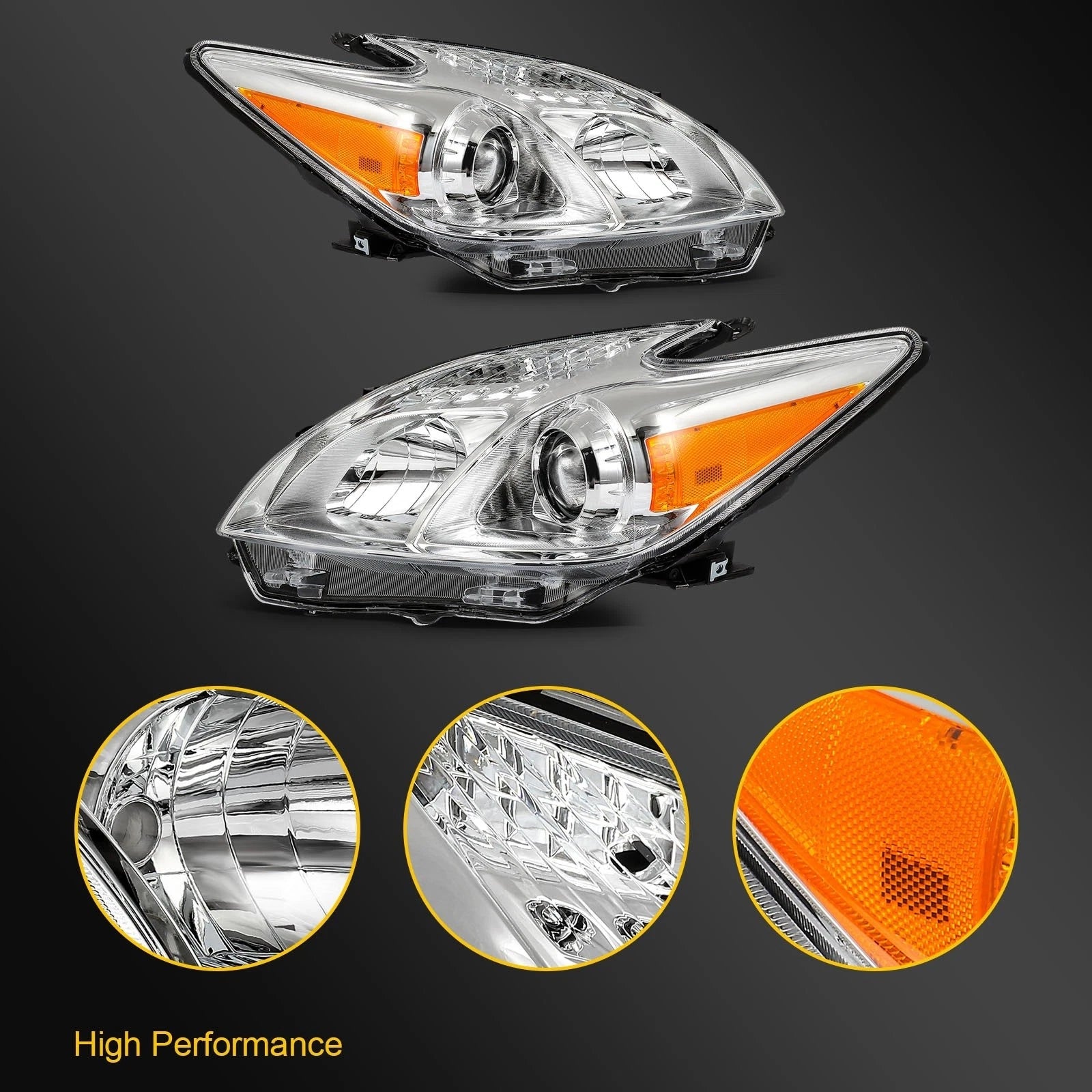 Headlight Assembly for Toyota Prius (2010–2011) Chrome Projector Pair