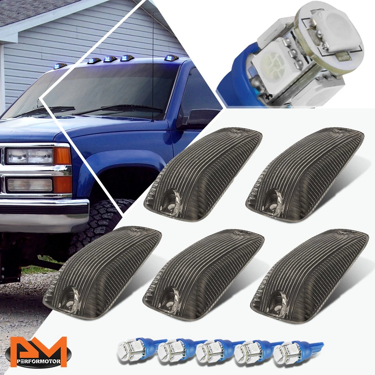 5-Piece Cab Roof Running Light Smoked Housing Blue LED for Chevy GMC C/K (1988–2002)