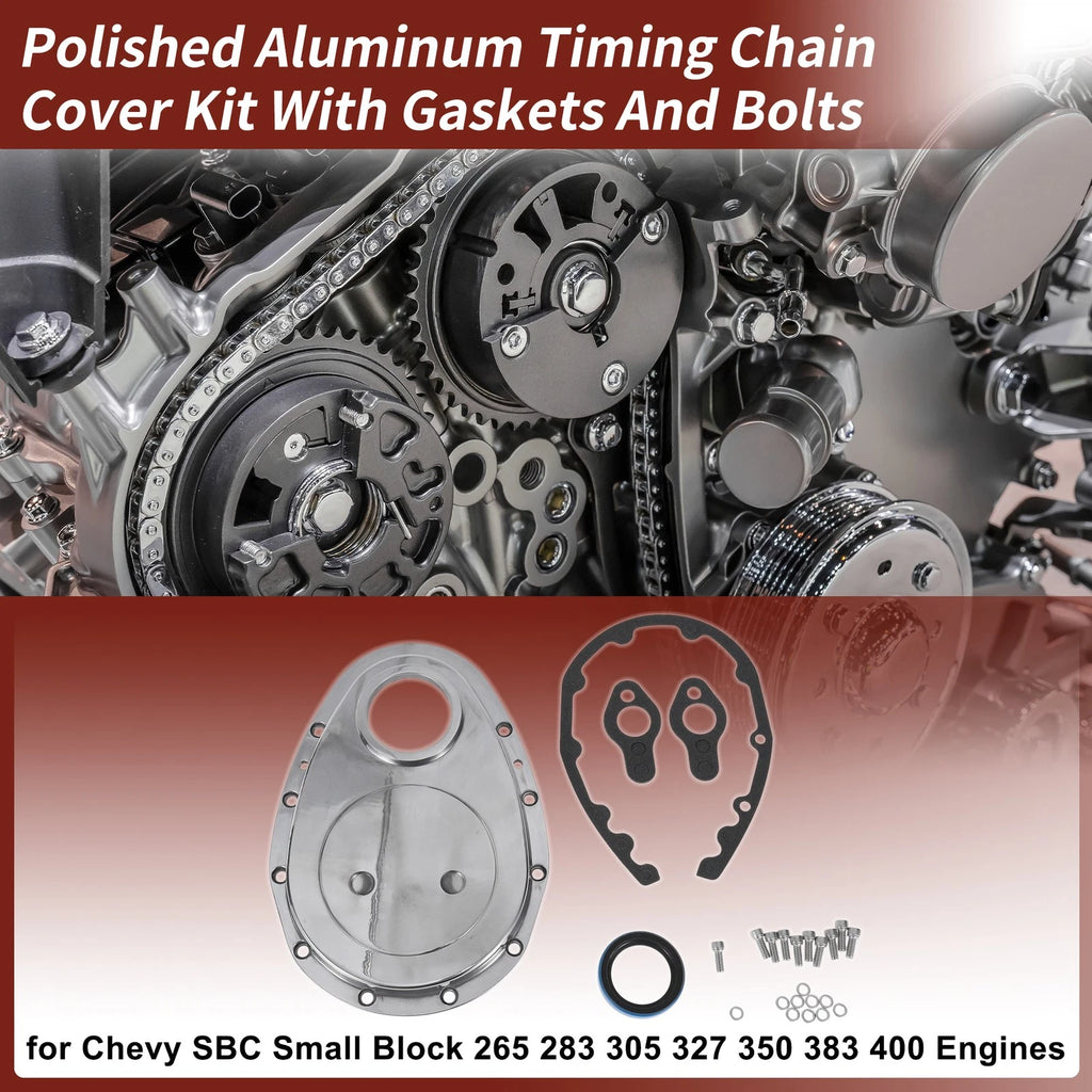 Polished Aluminum Timing Chain Cover Kit with Gaskets & Bolts for Chevy 