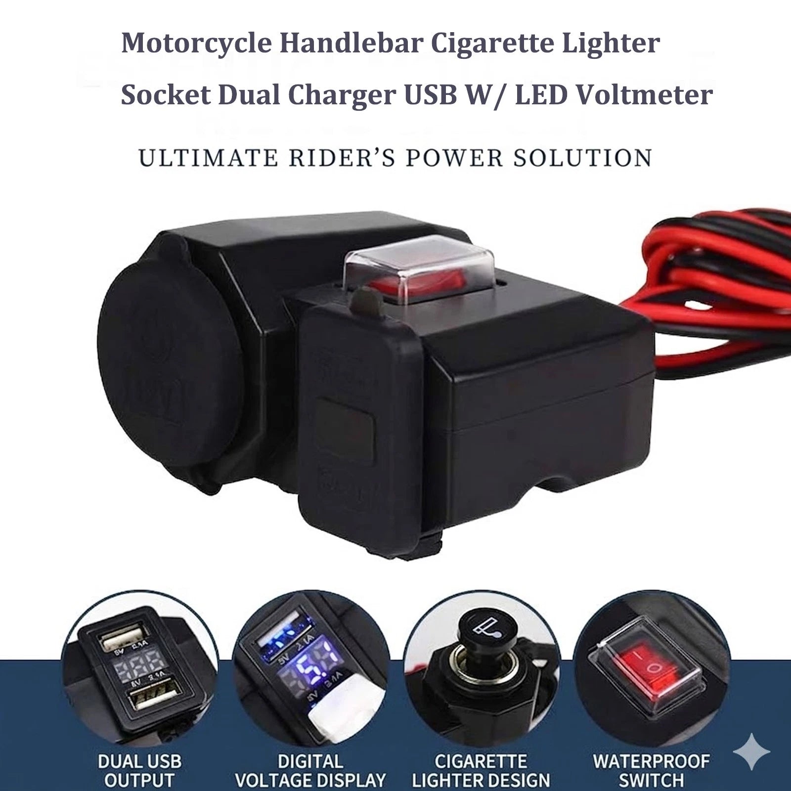 Dual USB Charger Power Outlet Switch for Motorcycle (12V)