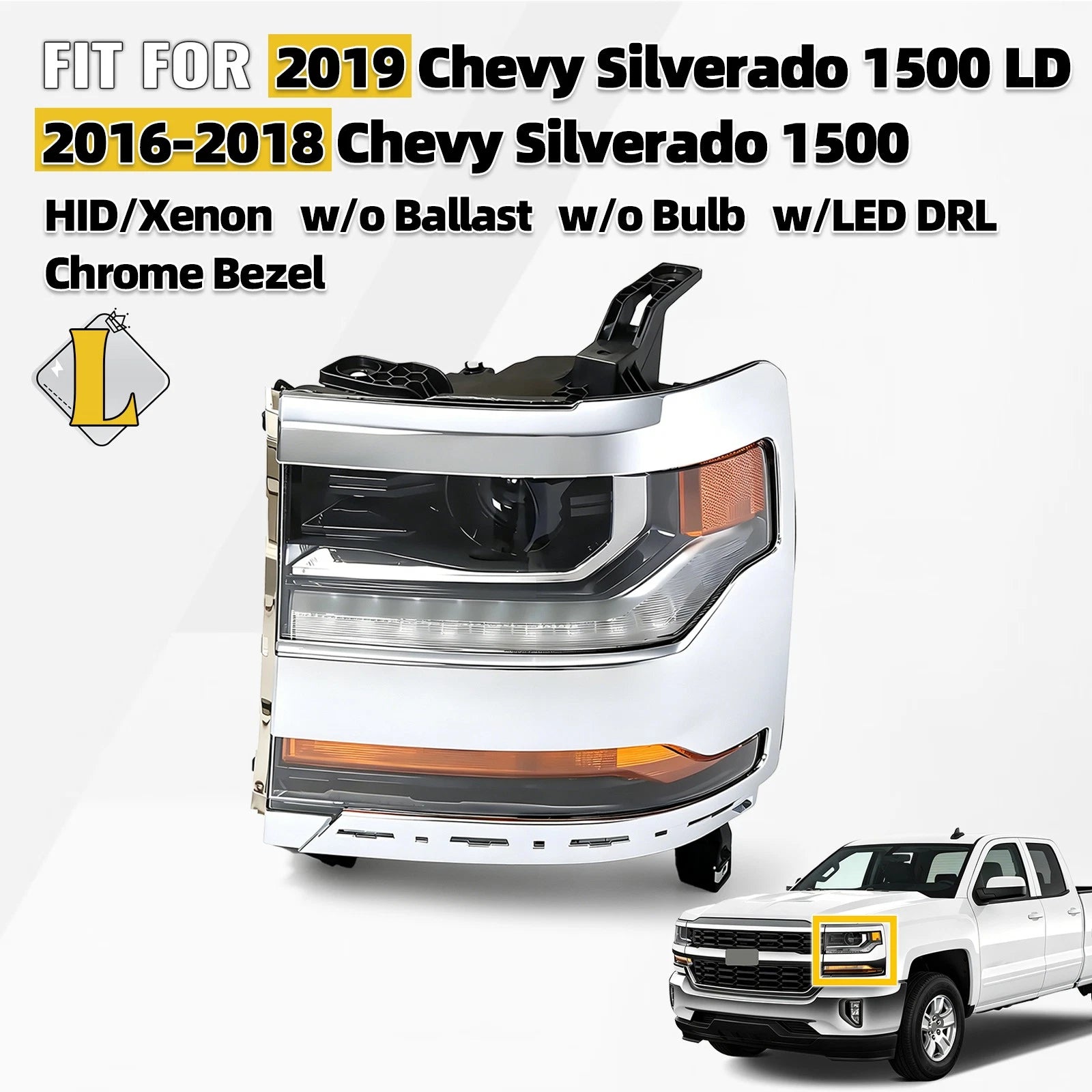 HID/Xenon Headlight for Chevy Silverado 1500 (2016–2018) W/LED DRL Chrome Left