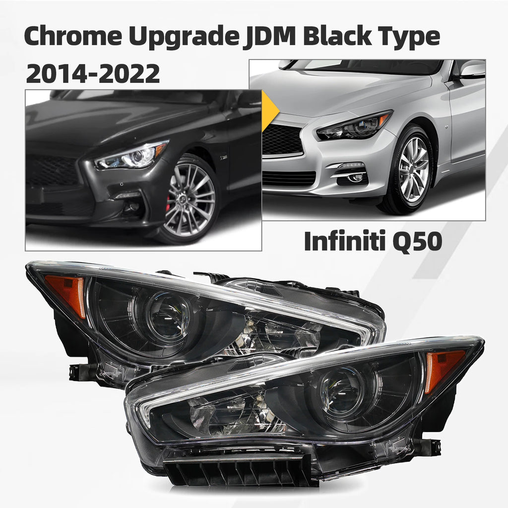 Set of 2 Chrome LED Headlights for Infiniti Q50 (2014–2022) w/o AFS