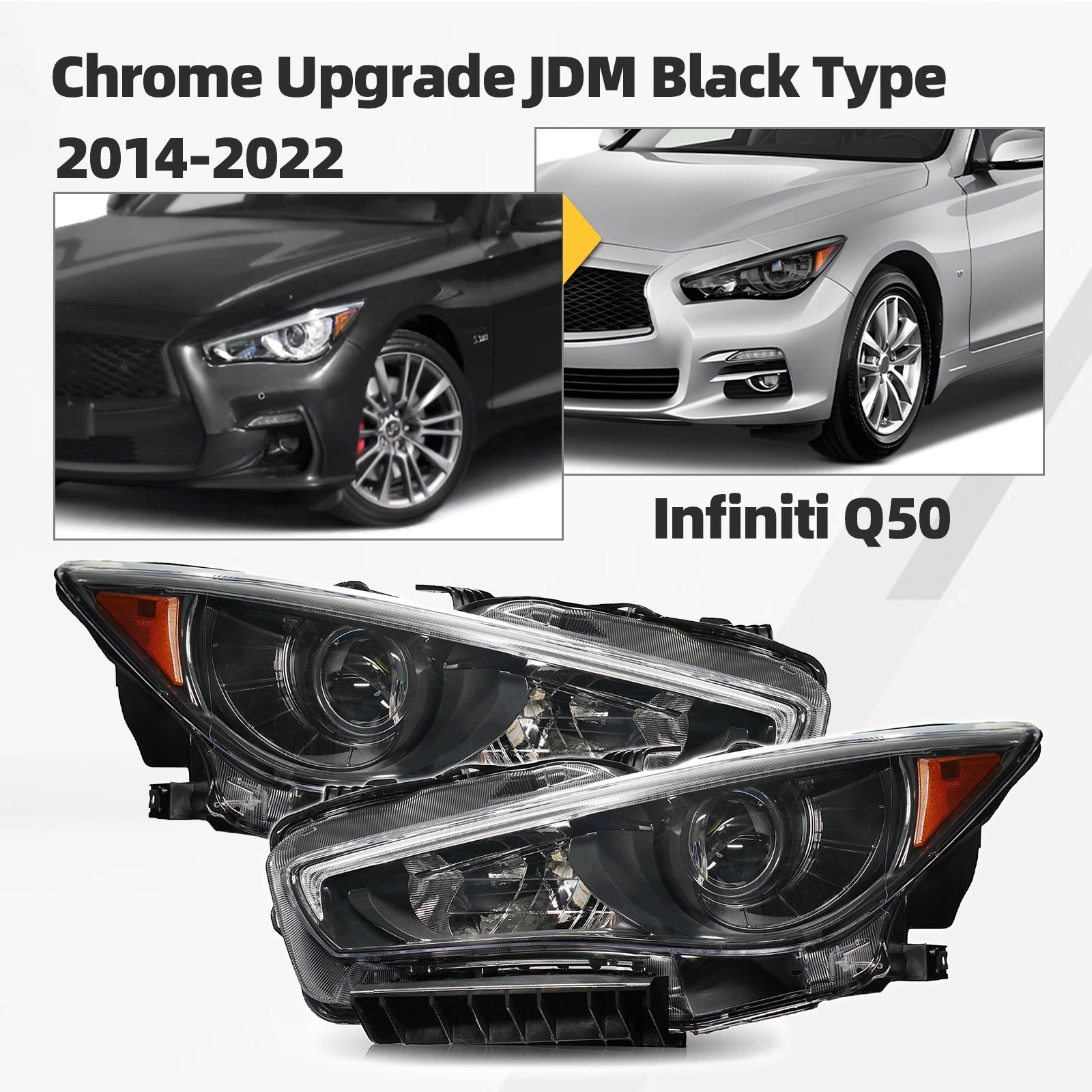 Set of 2 Chrome LED Headlights for Infiniti Q50 (2014–2022) w/o AFS
