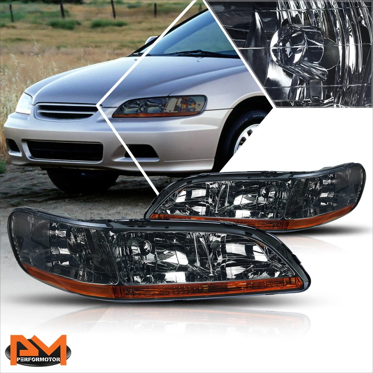 Smoked Housing Headlights & Amber Side Corner Lamps for Honda Accord (1998–2002)
