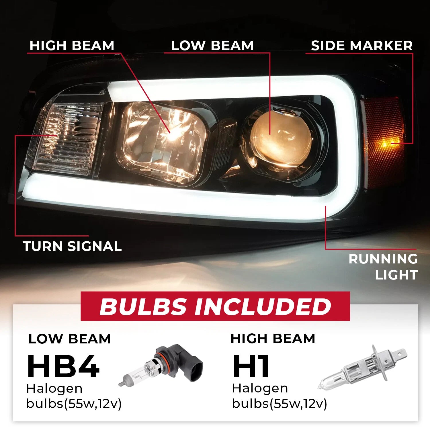 2X Projector Headlights for Dodge Charger (2006–2010) LED Tube Black LH/RH