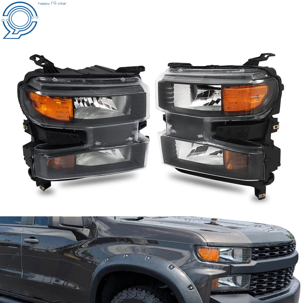 Set of 2 Headlight Assemblies for Chevrolet Silverado 1500 (2019–2021) Black Housing