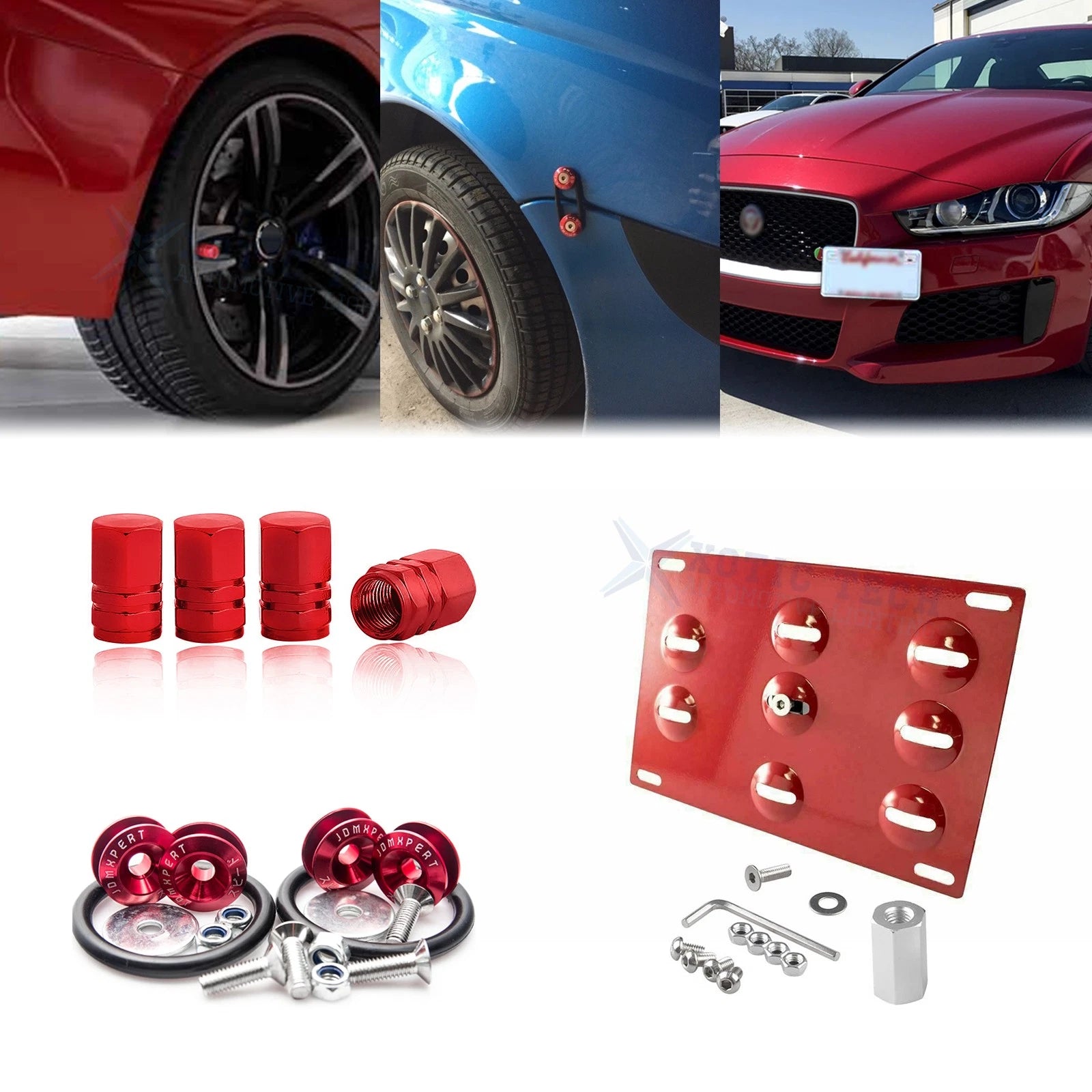Red Tow License Plate + Air Valve Cap + Release Fastener for Jaguar XF (2009–2020)