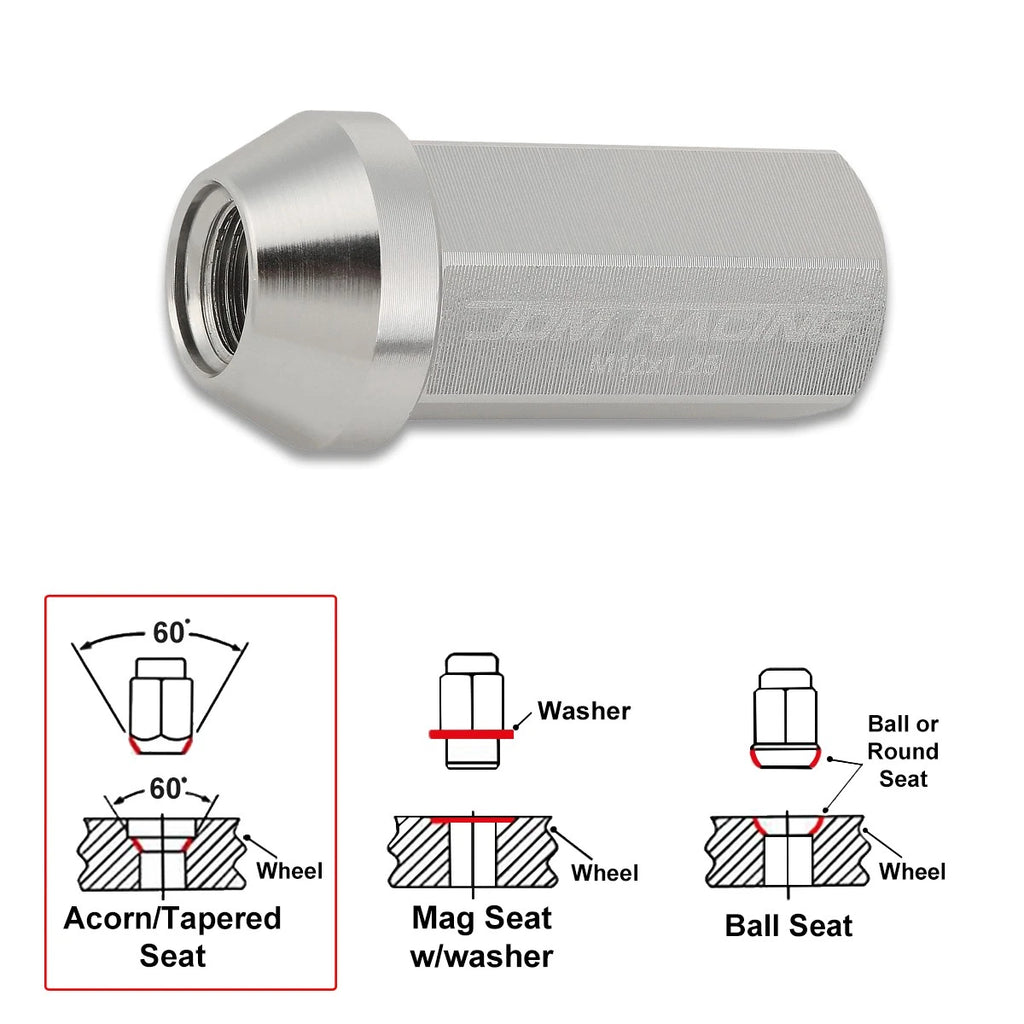 20Pc M12X1.25 Silver JDM Closed End Cone Hex Wheel Lug Nuts + Extension 25mmx50mm