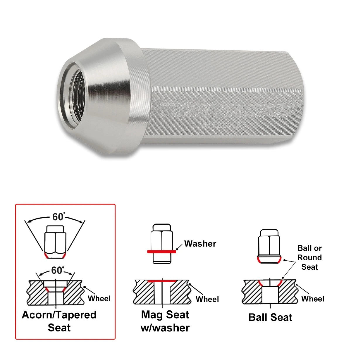 20Pc M12X1.25 Silver JDM Closed End Cone Hex Wheel Lug Nuts + Extension 25mmx50mm