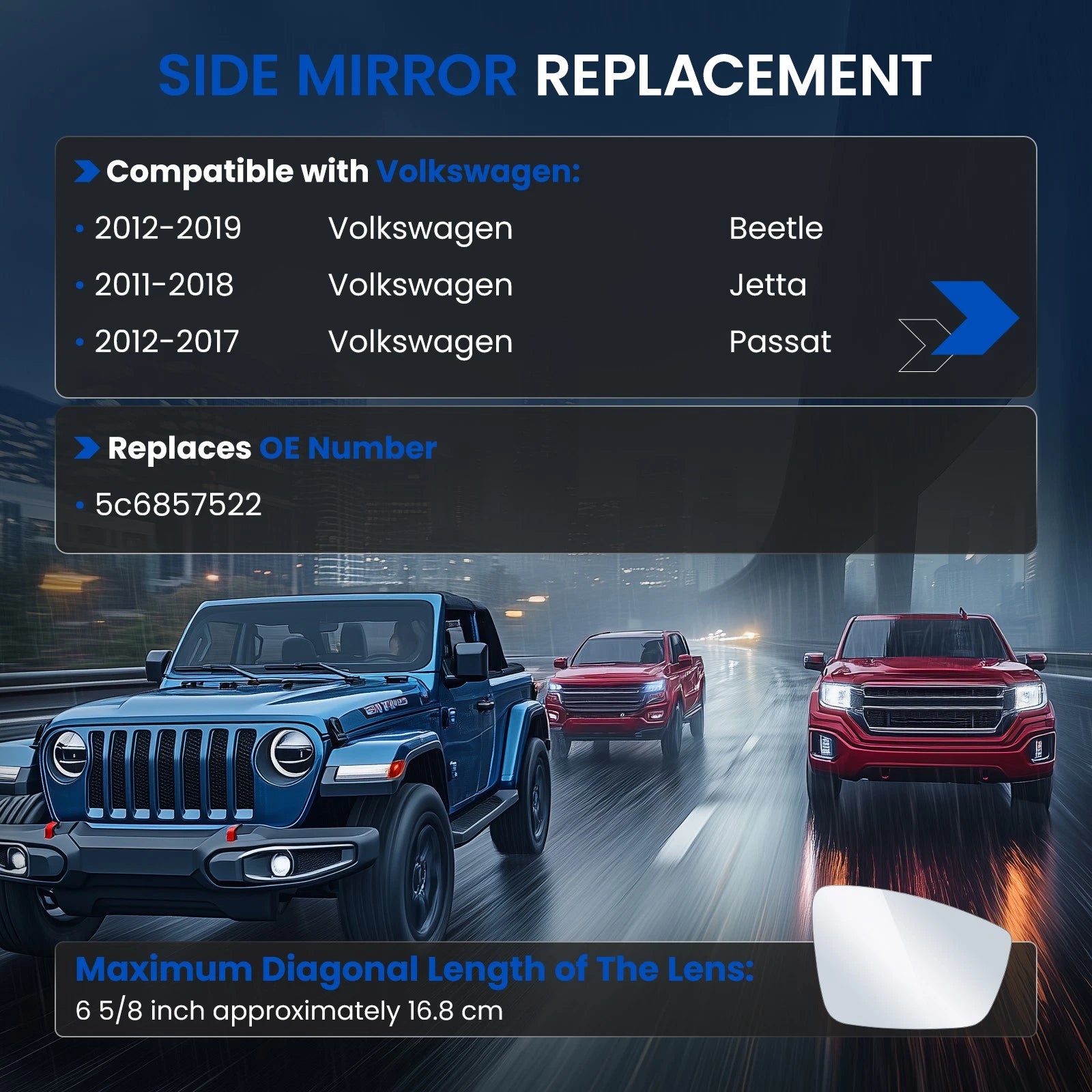 Passenger Side Mirror Glass for Volkswagen Passat (2011-2019)