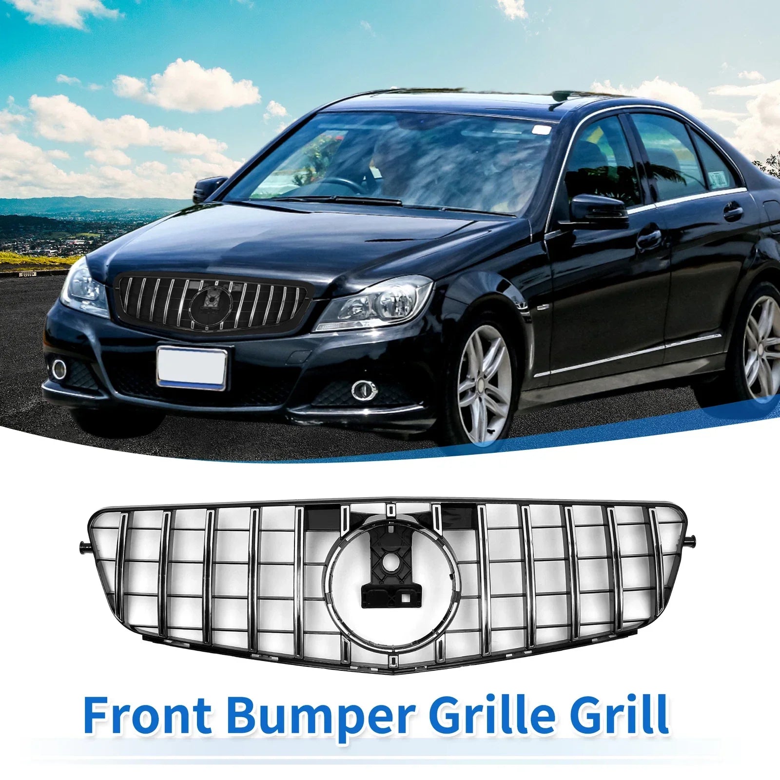 Front Upper Bumper Grille for Mercedes-Benz C200 (2015-2020) Black Chrome