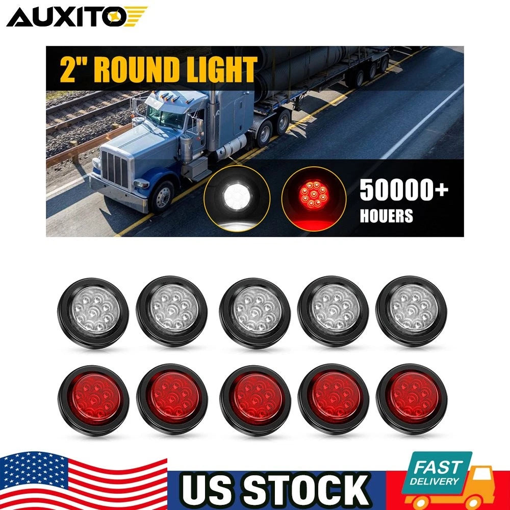 10pcs 2" Red White 9 LED Round Trailer Marker Light for Truck RV