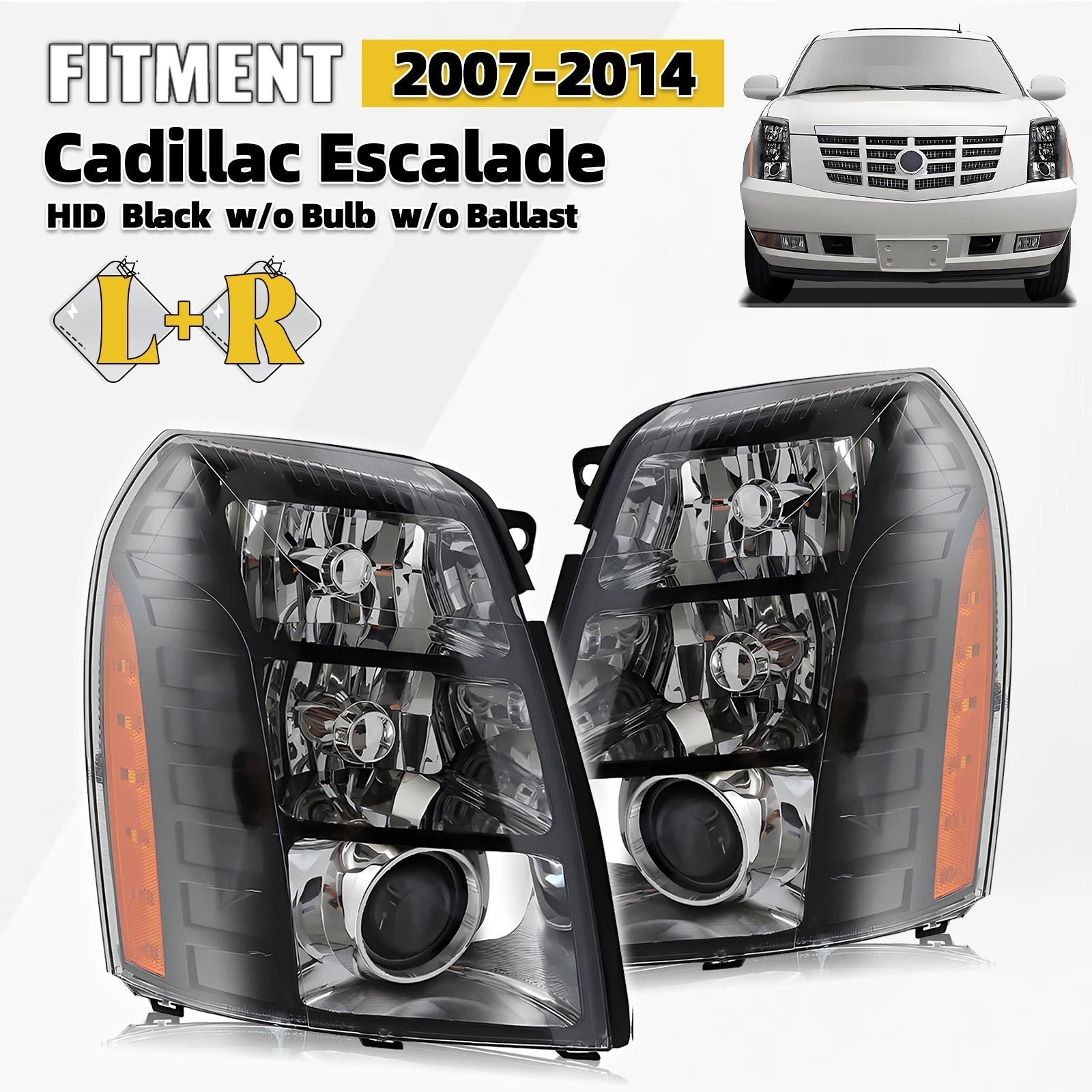 HID/Xenon Headlight Set for Cadillac Escalade (2007–2014) Black w/o Bulb