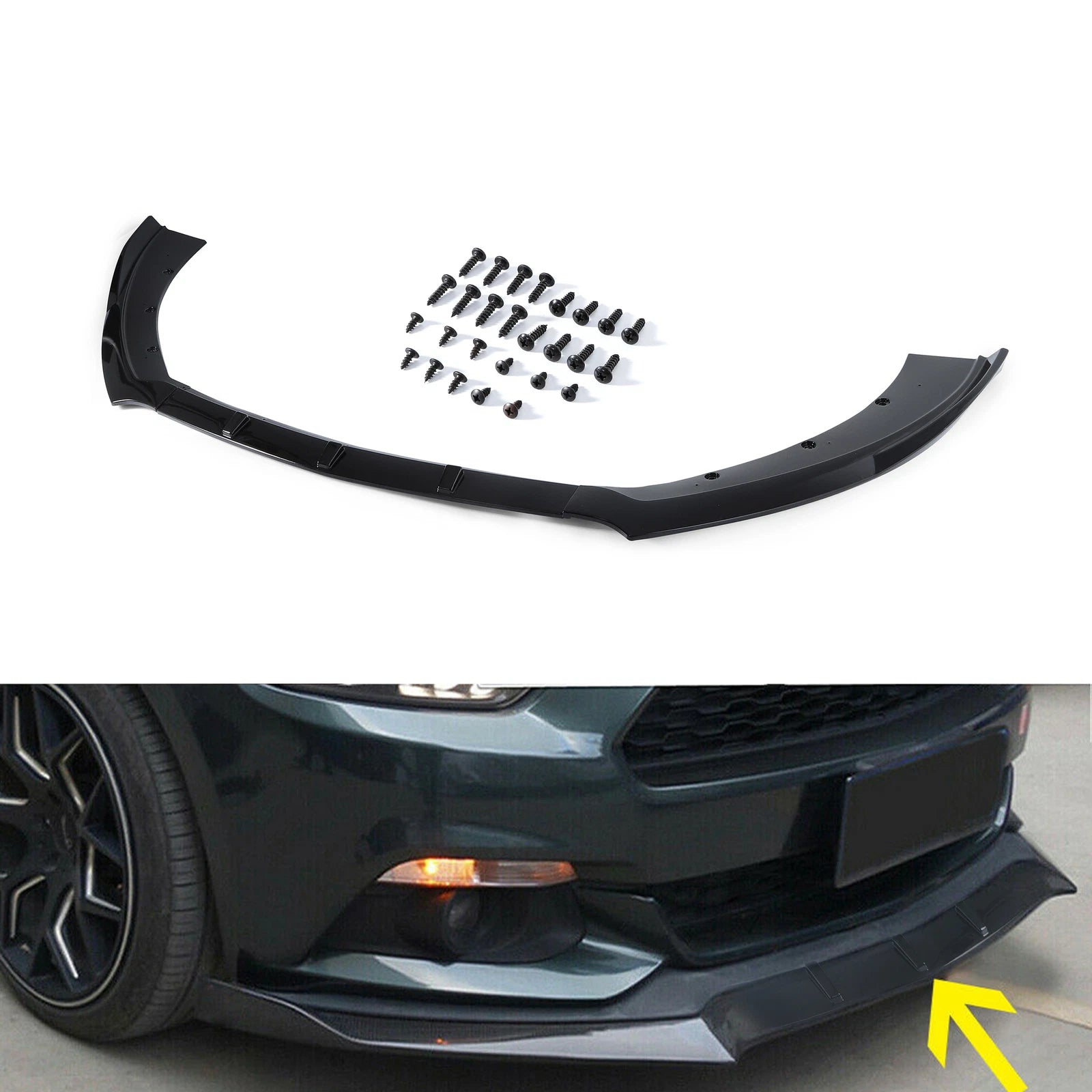 3PC Front Bumper Lip Spoiler Splitter for Ford Mustang (2015–2018) Glossy Black